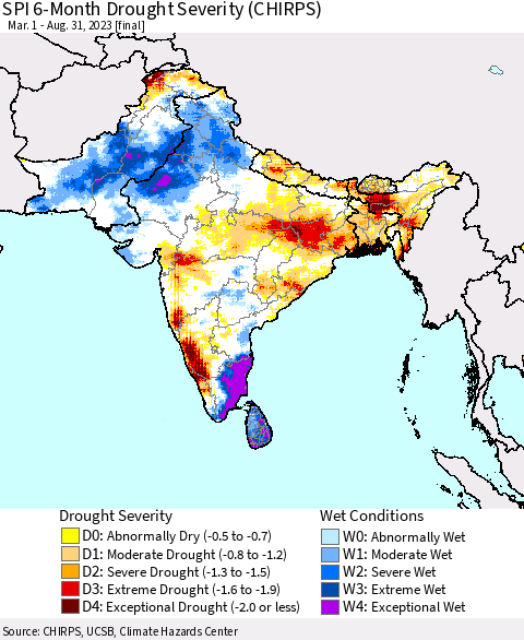 Southern Asia SPI 6-Month Drought Severity (CHIRPS) Thematic Map For 3/1/2023 - 8/31/2023