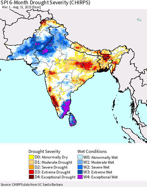 Southern Asia SPI 6-Month Drought Severity (CHIRPS) Thematic Map For 3/1/2023 - 8/31/2023