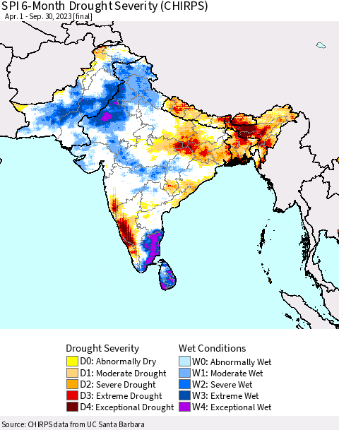 Southern Asia SPI 6-Month Drought Severity (CHIRPS) Thematic Map For 4/1/2023 - 9/30/2023