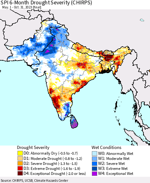 Southern Asia SPI 6-Month Drought Severity (CHIRPS) Thematic Map For 5/1/2023 - 10/31/2023