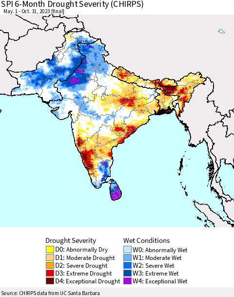 Southern Asia SPI 6-Month Drought Severity (CHIRPS) Thematic Map For 5/1/2023 - 10/31/2023