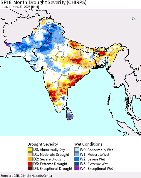 Southern Asia SPI 6-Month Drought Severity (CHIRPS) Thematic Map For 6/1/2023 - 11/30/2023