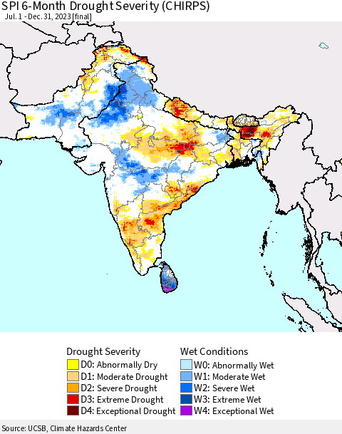 Southern Asia SPI 6-Month Drought Severity (CHIRPS) Thematic Map For 7/1/2023 - 12/31/2023