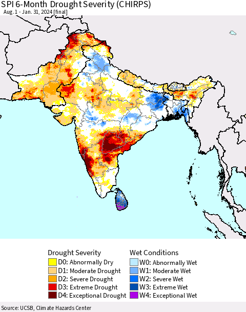 Southern Asia SPI 6-Month Drought Severity (CHIRPS) Thematic Map For 8/1/2023 - 1/31/2024