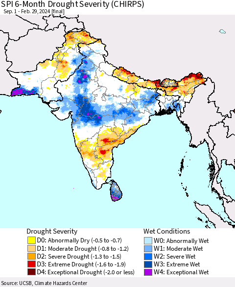 Southern Asia SPI 6-Month Drought Severity (CHIRPS) Thematic Map For 9/1/2023 - 2/29/2024