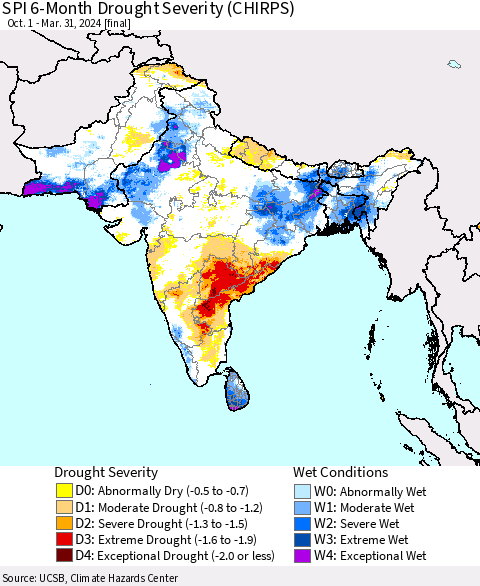 Southern Asia SPI 6-Month Drought Severity (CHIRPS) Thematic Map For 10/1/2023 - 3/31/2024
