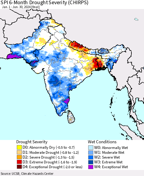 Southern Asia SPI 6-Month Drought Severity (CHIRPS) Thematic Map For 1/1/2024 - 6/30/2024