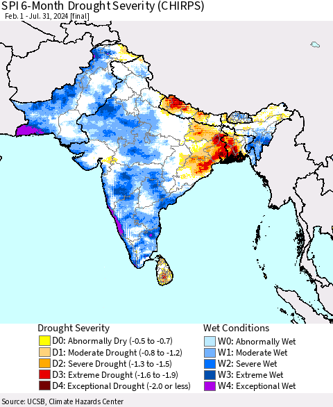 Southern Asia SPI 6-Month Drought Severity (CHIRPS) Thematic Map For 2/1/2024 - 7/31/2024