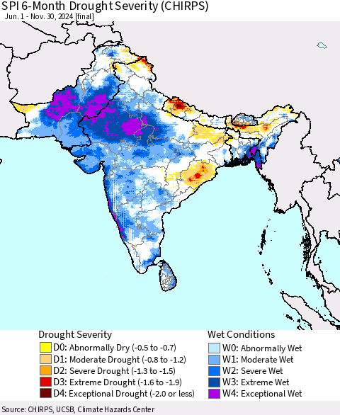 Southern Asia SPI 6-Month Drought Severity (CHIRPS) Thematic Map For 6/1/2024 - 11/30/2024