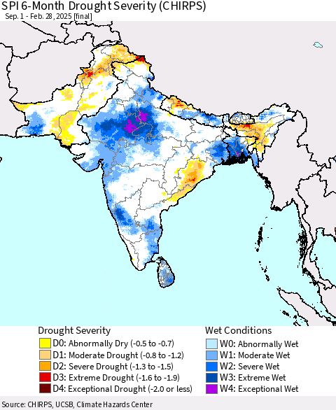 Southern Asia SPI 6-Month Drought Severity (CHIRPS) Thematic Map For 9/1/2024 - 2/28/2025