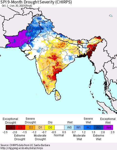 Southern Asia SPI 9-Month Drought Severity (CHIRPS) Thematic Map For 10/1/2018 - 6/30/2019