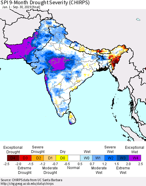 Southern Asia SPI 9-Month Drought Severity (CHIRPS) Thematic Map For 1/1/2019 - 9/30/2019