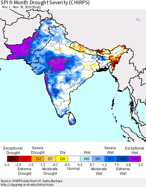 Southern Asia SPI 9-Month Drought Severity (CHIRPS) Thematic Map For 3/1/2019 - 11/30/2019