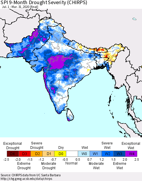 Southern Asia SPI 9-Month Drought Severity (CHIRPS) Thematic Map For 7/1/2019 - 3/31/2020