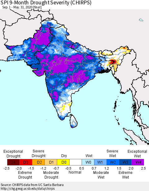 Southern Asia SPI 9-Month Drought Severity (CHIRPS) Thematic Map For 9/1/2019 - 5/31/2020