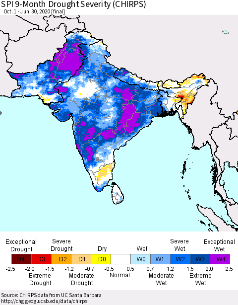 Southern Asia SPI 9-Month Drought Severity (CHIRPS) Thematic Map For 10/1/2019 - 6/30/2020