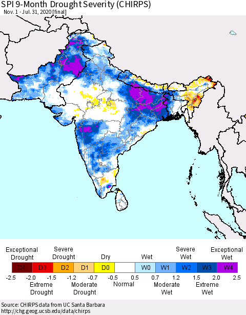 Southern Asia SPI 9-Month Drought Severity (CHIRPS) Thematic Map For 11/1/2019 - 7/31/2020