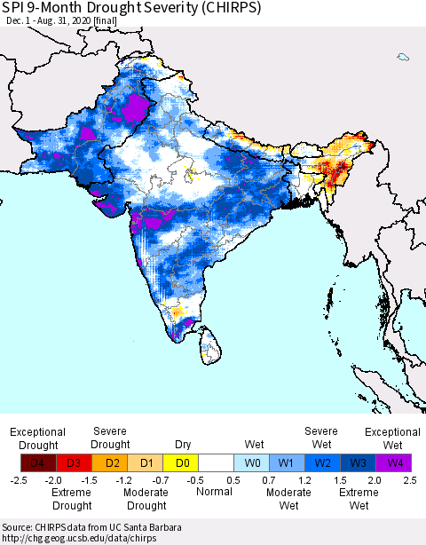 Southern Asia SPI 9-Month Drought Severity (CHIRPS) Thematic Map For 12/1/2019 - 8/31/2020