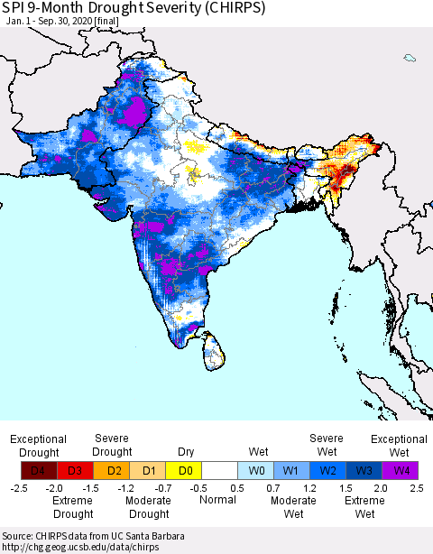 Southern Asia SPI 9-Month Drought Severity (CHIRPS) Thematic Map For 1/1/2020 - 9/30/2020