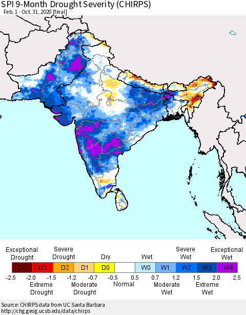Southern Asia SPI 9-Month Drought Severity (CHIRPS) Thematic Map For 2/1/2020 - 10/31/2020