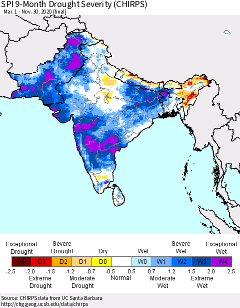 Southern Asia SPI 9-Month Drought Severity (CHIRPS) Thematic Map For 3/1/2020 - 11/30/2020