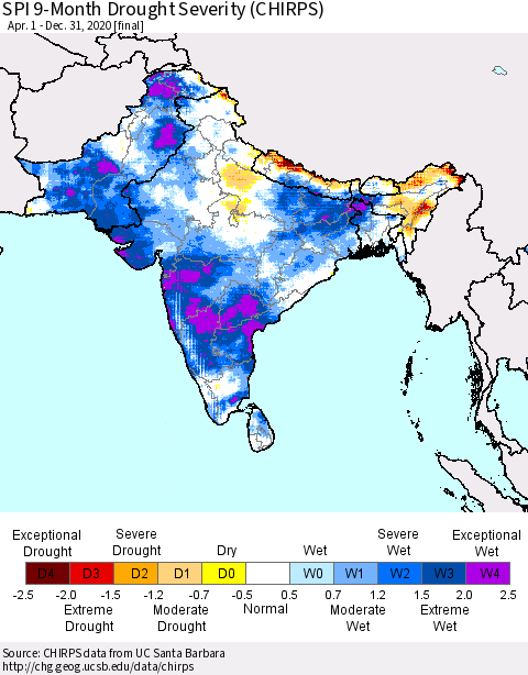 Southern Asia SPI 9-Month Drought Severity (CHIRPS) Thematic Map For 4/1/2020 - 12/31/2020