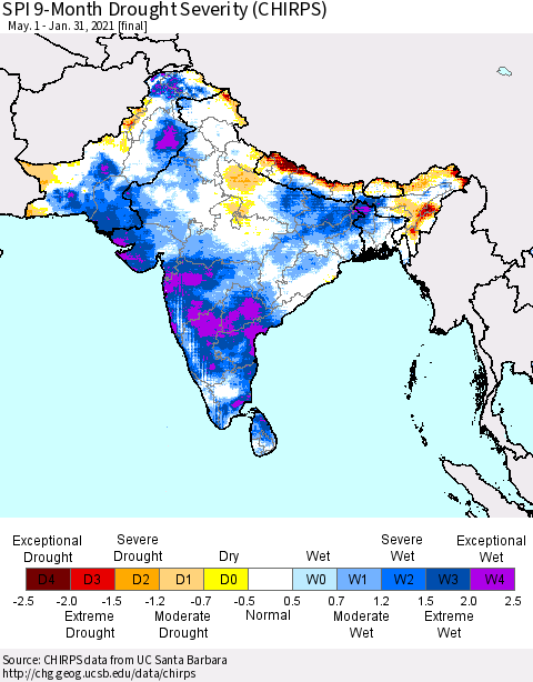 Southern Asia SPI 9-Month Drought Severity (CHIRPS) Thematic Map For 5/1/2020 - 1/31/2021