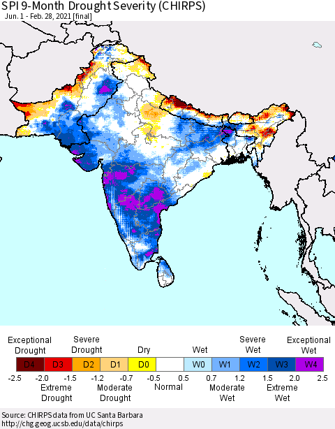 Southern Asia SPI 9-Month Drought Severity (CHIRPS) Thematic Map For 6/1/2020 - 2/28/2021