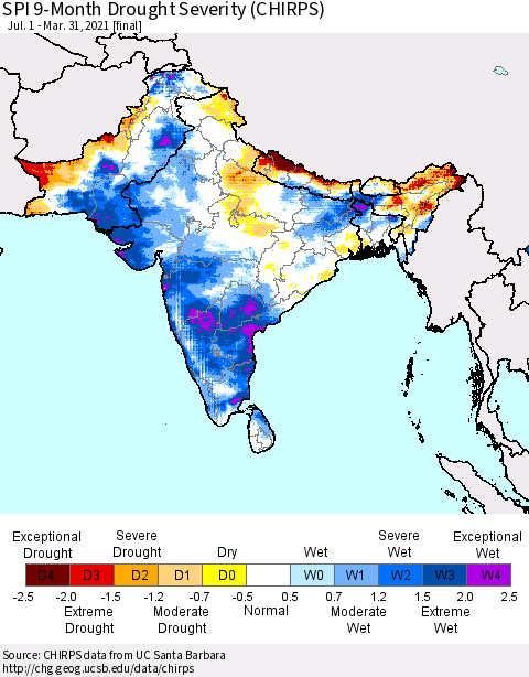 Southern Asia SPI 9-Month Drought Severity (CHIRPS) Thematic Map For 7/1/2020 - 3/31/2021