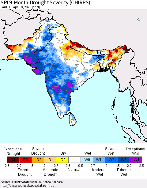 Southern Asia SPI 9-Month Drought Severity (CHIRPS) Thematic Map For 8/1/2020 - 4/30/2021