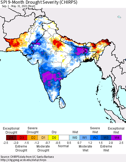 Southern Asia SPI 9-Month Drought Severity (CHIRPS) Thematic Map For 9/1/2020 - 5/31/2021