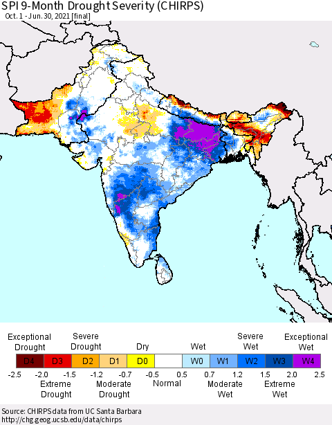 Southern Asia SPI 9-Month Drought Severity (CHIRPS) Thematic Map For 10/1/2020 - 6/30/2021
