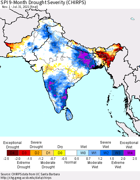 Southern Asia SPI 9-Month Drought Severity (CHIRPS) Thematic Map For 11/1/2020 - 7/31/2021