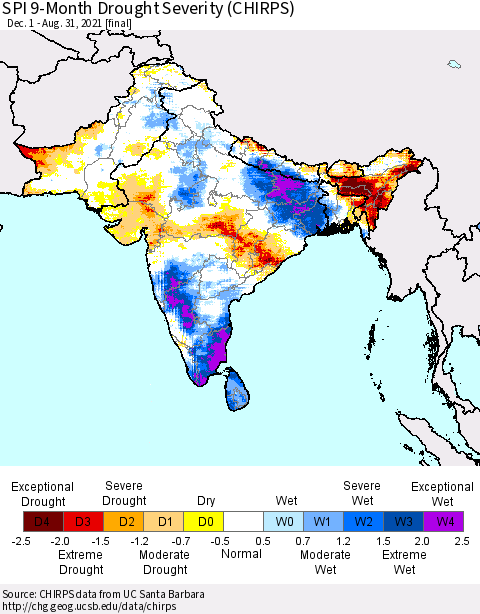 Southern Asia SPI 9-Month Drought Severity (CHIRPS) Thematic Map For 12/1/2020 - 8/31/2021