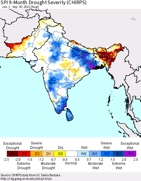 Southern Asia SPI 9-Month Drought Severity (CHIRPS) Thematic Map For 1/1/2021 - 9/30/2021