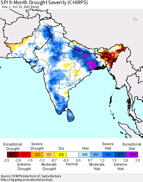 Southern Asia SPI 9-Month Drought Severity (CHIRPS) Thematic Map For 2/1/2021 - 10/31/2021