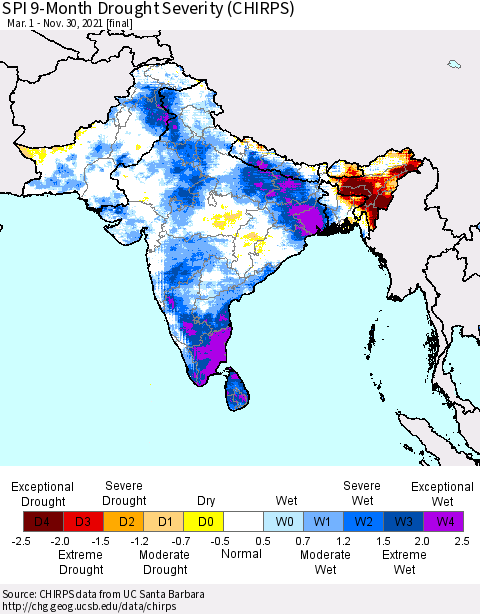 Southern Asia SPI 9-Month Drought Severity (CHIRPS) Thematic Map For 3/1/2021 - 11/30/2021
