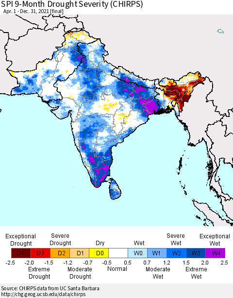 Southern Asia SPI 9-Month Drought Severity (CHIRPS) Thematic Map For 4/1/2021 - 12/31/2021