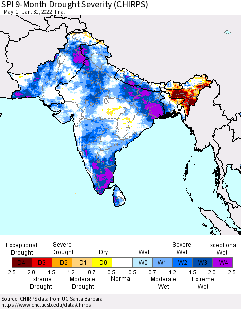 Southern Asia SPI 9-Month Drought Severity (CHIRPS) Thematic Map For 5/1/2021 - 1/31/2022