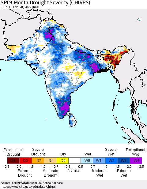 Southern Asia SPI 9-Month Drought Severity (CHIRPS) Thematic Map For 6/1/2021 - 2/28/2022