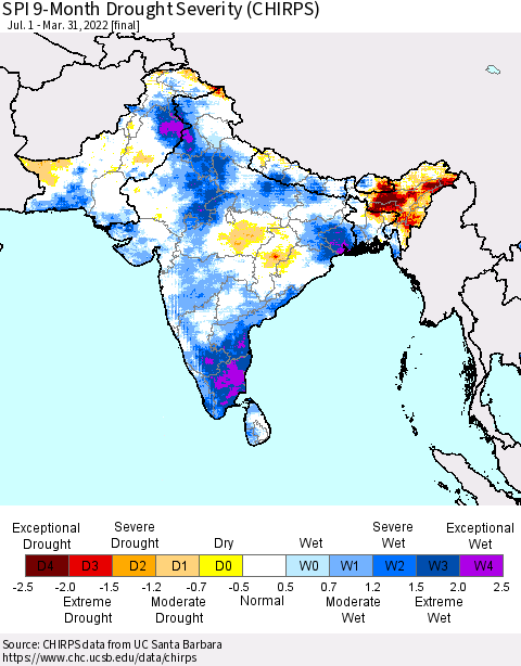 Southern Asia SPI 9-Month Drought Severity (CHIRPS) Thematic Map For 7/1/2021 - 3/31/2022