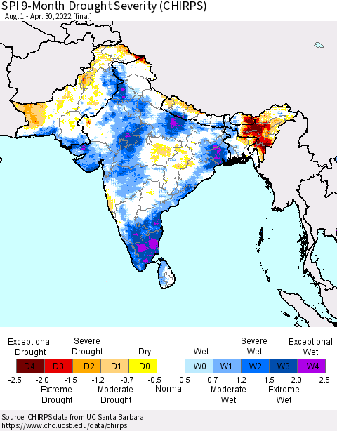 Southern Asia SPI 9-Month Drought Severity (CHIRPS) Thematic Map For 8/1/2021 - 4/30/2022