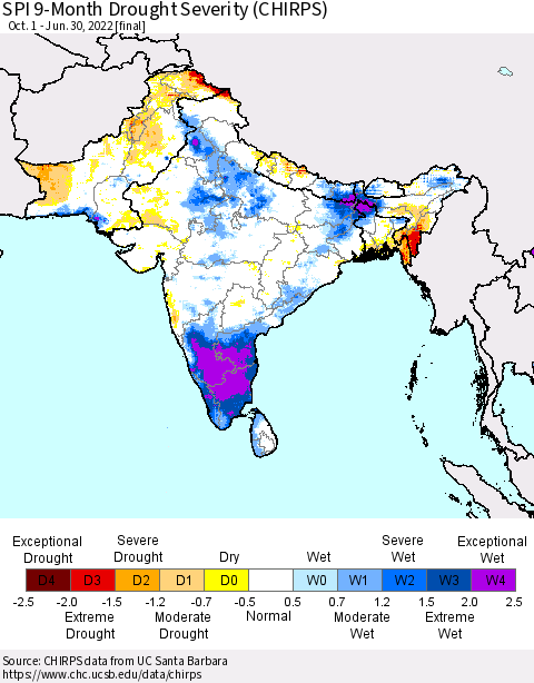 Southern Asia SPI 9-Month Drought Severity (CHIRPS) Thematic Map For 10/1/2021 - 6/30/2022