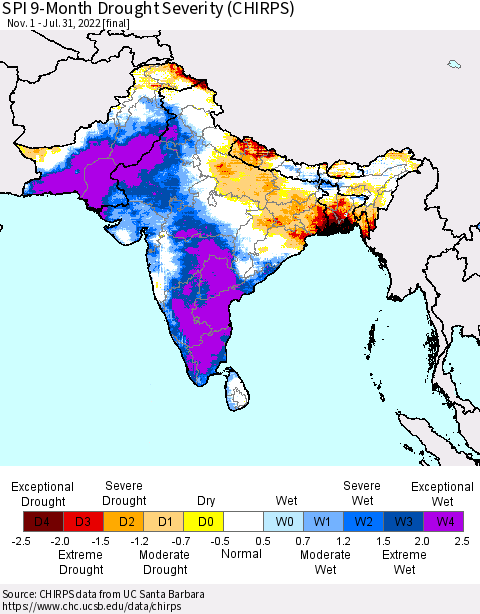 Southern Asia SPI 9-Month Drought Severity (CHIRPS) Thematic Map For 11/1/2021 - 7/31/2022