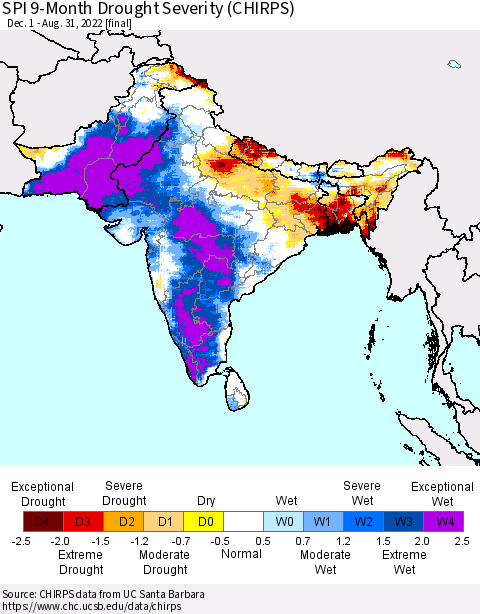 Southern Asia SPI 9-Month Drought Severity (CHIRPS) Thematic Map For 12/1/2021 - 8/31/2022