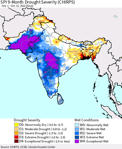 Southern Asia SPI 9-Month Drought Severity (CHIRPS) Thematic Map For 2/1/2022 - 10/31/2022