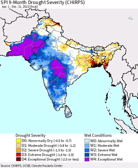 Southern Asia SPI 9-Month Drought Severity (CHIRPS) Thematic Map For 4/1/2022 - 12/31/2022