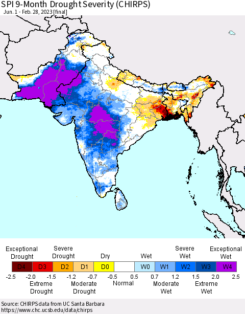 Southern Asia SPI 9-Month Drought Severity (CHIRPS) Thematic Map For 6/1/2022 - 2/28/2023