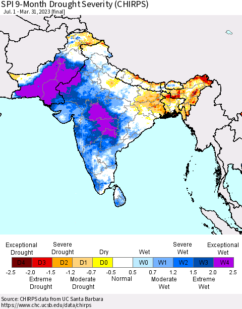 Southern Asia SPI 9-Month Drought Severity (CHIRPS) Thematic Map For 7/1/2022 - 3/31/2023