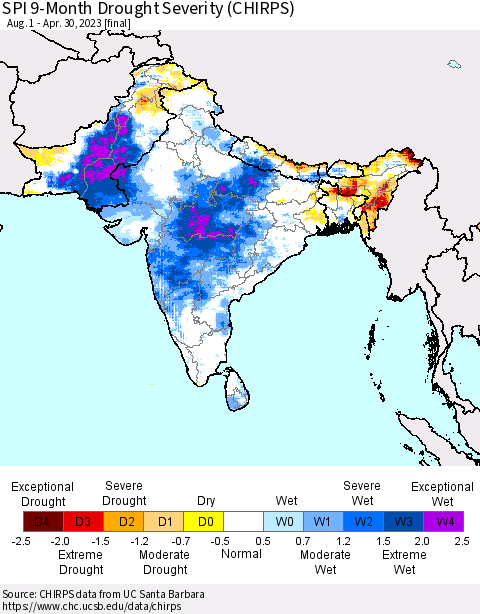 Southern Asia SPI 9-Month Drought Severity (CHIRPS) Thematic Map For 8/1/2022 - 4/30/2023